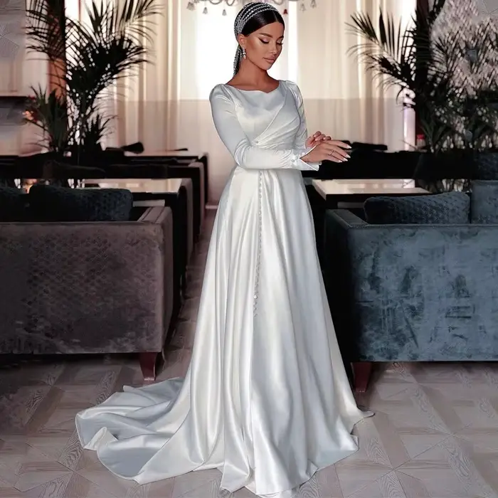 Robe de mariée trapèze blanche, tenue de soirée formelle à manches longues, style Boho, boutons de p