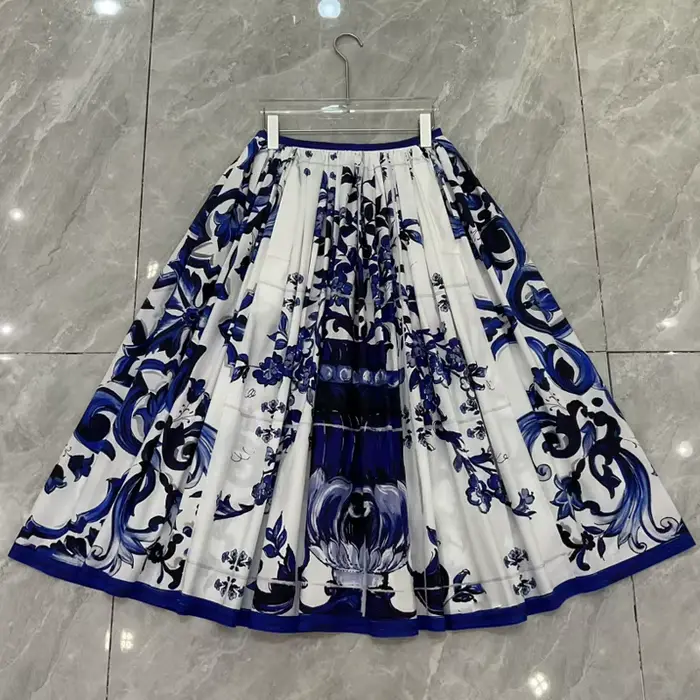 Boho 2 pièces ensemble femmes été 2025 bleu porcelaine imprimé haut et coton jupe Maxi concepteur pl