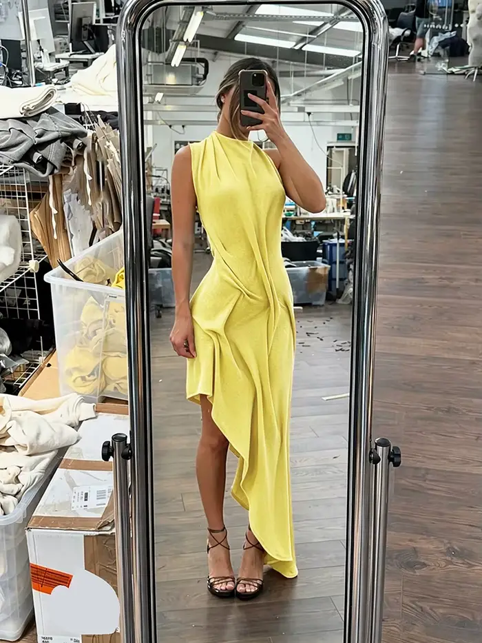 Nibber dos nu longue robe femme froncé élégant été tendance o-cou sans manches sexy ourlet irrégulier soirée bal