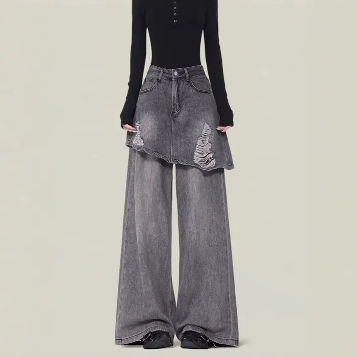 Jupe-culotte intégrée effet deux-pièces en jean pour femme