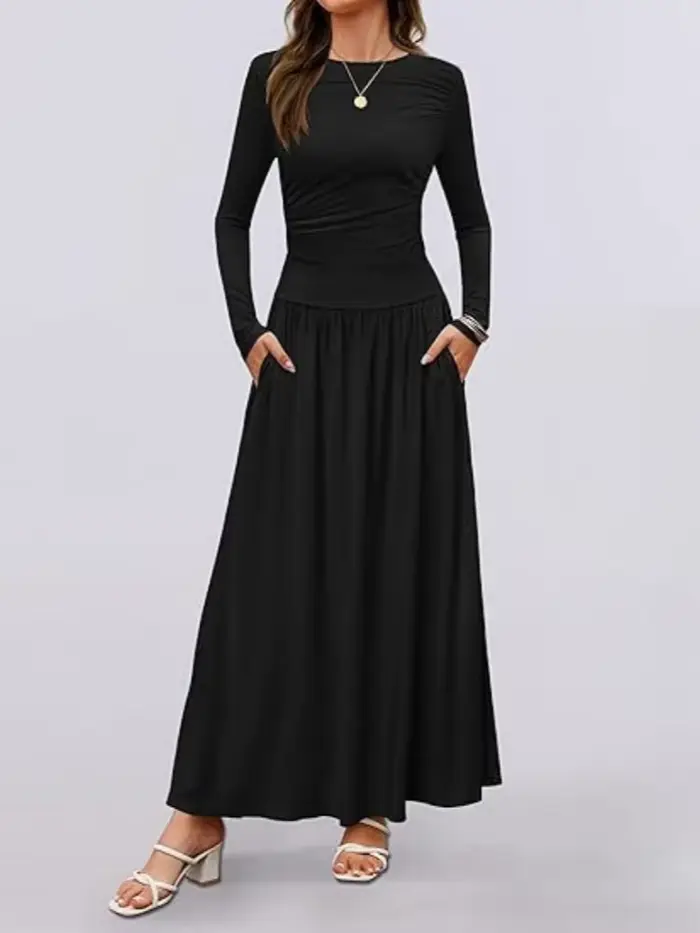 Robe Maxi à manches longues pour femmes, coupe confortable, détail froncé, multicolore, pour usage q