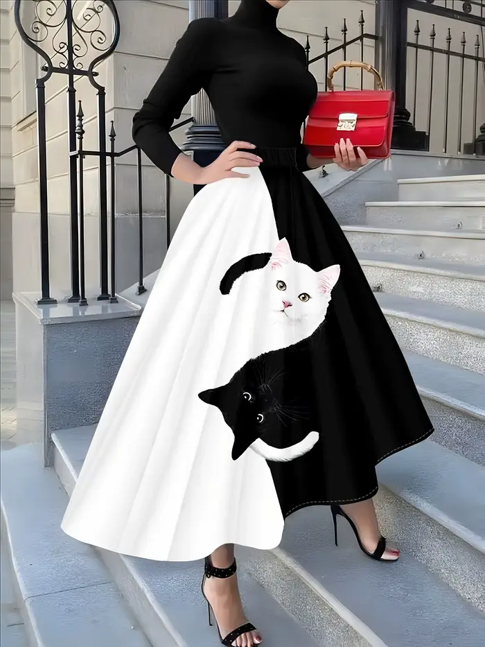 Jupe midi décontractée à imprimé chat noir et blanc pour femme, coupe trapèze, taille haute, idéale 