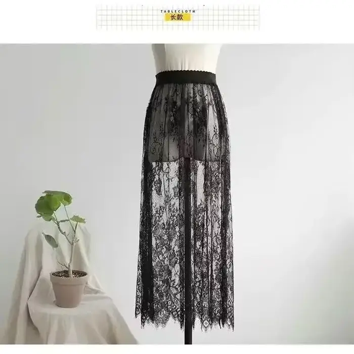 Jupe longue transparente en tulle et dentelle pour femme, style coréen, sexy, taille haute élastique