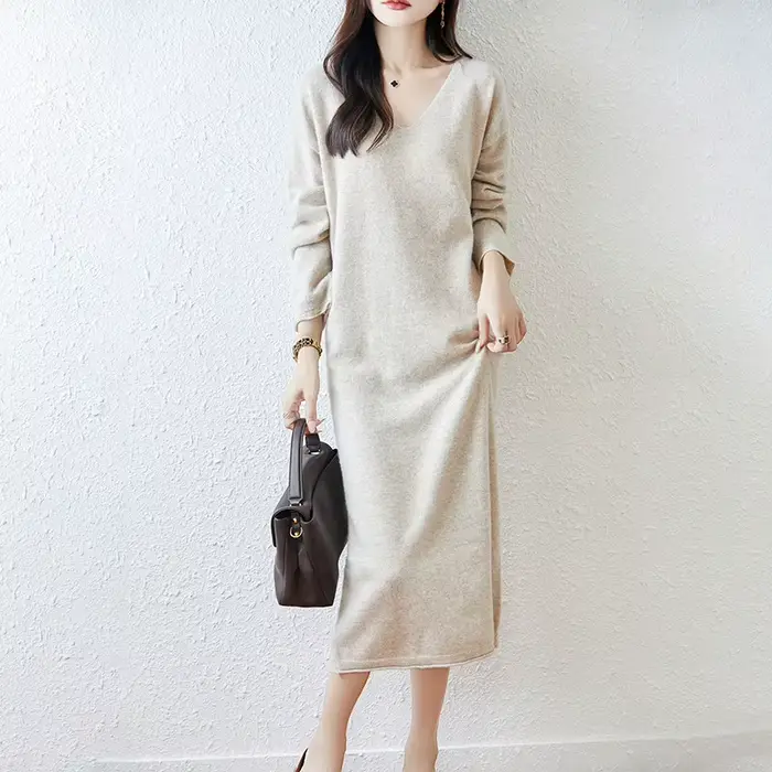 Nouvelle jupe en laine en automne et en hiver, col en v, robe pull ample décontractée, mode Joker, r