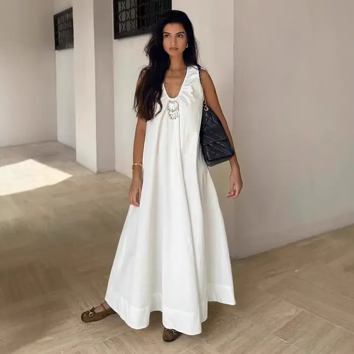 Robe longue décontractée et élégante en lin sans manches pour femme