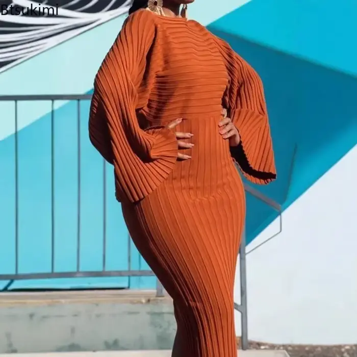 Femmes automne manches chauve-souris tricoté côtelé Robe longue moulante solide élégant col rond