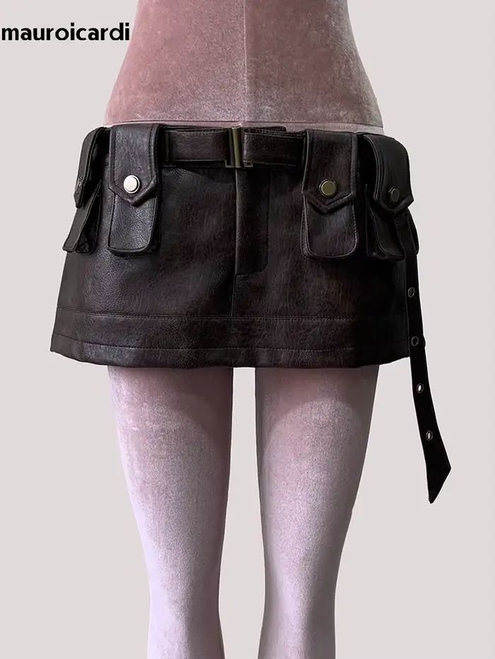 Mini jupe en cuir Pu marron pour femmes, poches tridimensionnelles, luxe de styliste, vêtements Emo