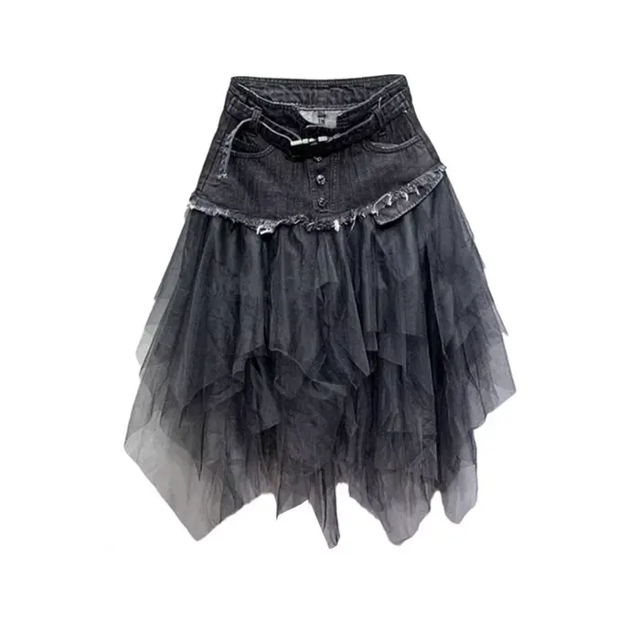 Jupe en jean taille haute pour femme, élégante, avec empiècements en maille, coupe trapèze, ourlet a