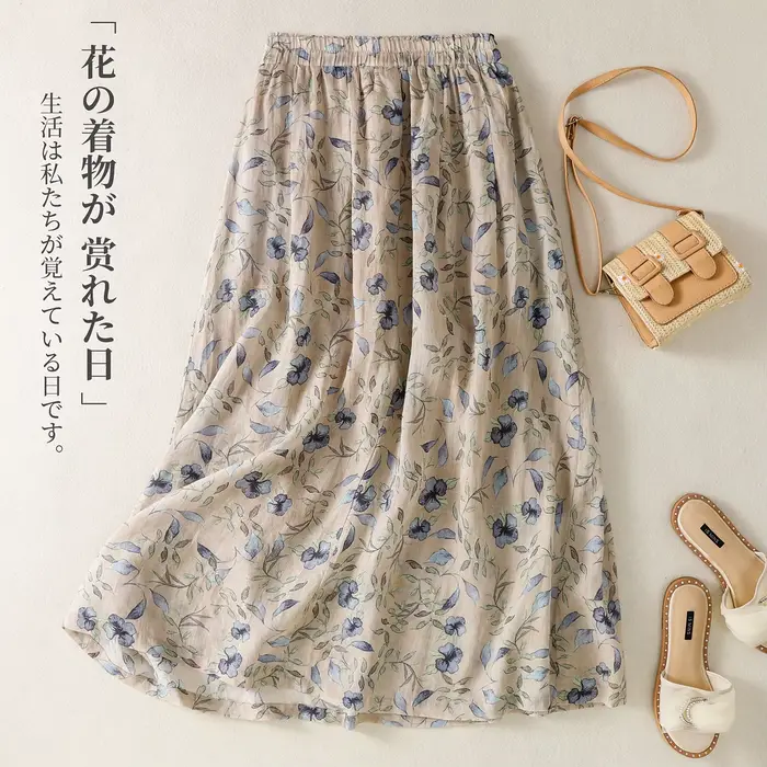 Jupe en coton et lin imprimée style ethnique pour femme