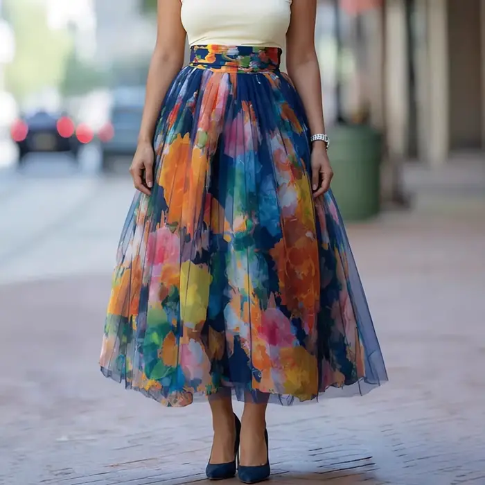 Jupe midi en tulle à imprimé floral