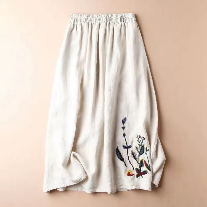 Jupe mi-longue évasée vintage en coton et lin brodée de fleurs pour femme