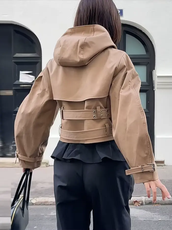 Veste courte à capuche avec Double ceinture pour femme