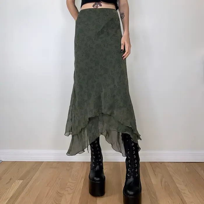 Fairycore-Jupe mi-longue en mousseline de soie à volants taille haute pour femme, jupes vertes grung