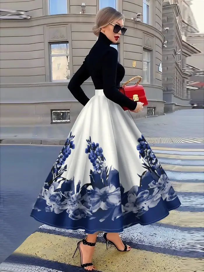 Jupe plissée mi-longue décontractée taille haute pour femme