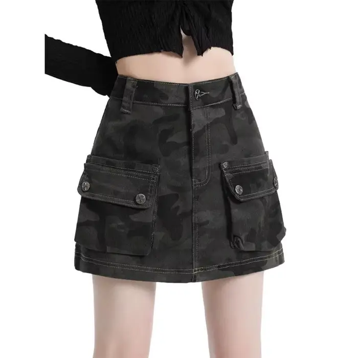 Jupe courte en jean camouflage vert militaire pour femme, taille haute, coupe trapèze, avec poches, 