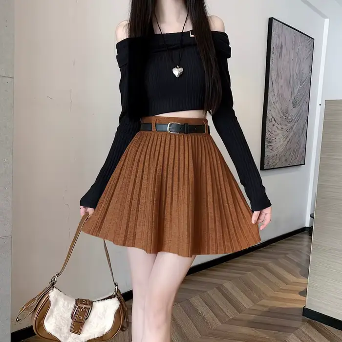 Jupe plissée tricotée pour femme junior automne hiver couleur unie style préppy silhouette une ligne tricoté matière coton polyvalente occassions spéciales