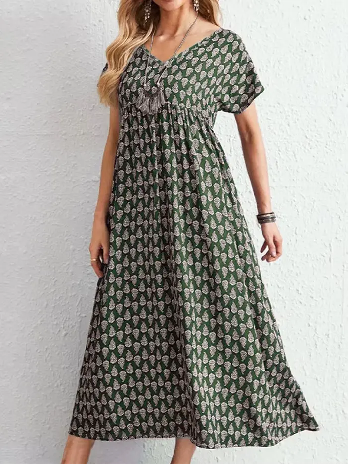 Robe grande taille pour femmes, robe bohème imprimée à manches courtes et col en v, robe longue ampl