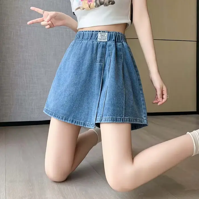 Jupe-short en jean à taille élastique effet deux pièces pour femme coupe ample taille haute été 2026 occassions spéciales femmes