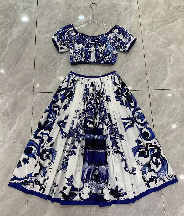 Boho 2 pièces ensemble femmes été 2025 bleu porcelaine imprimé haut et coton jupe Maxi concepteur plage vacances tenue