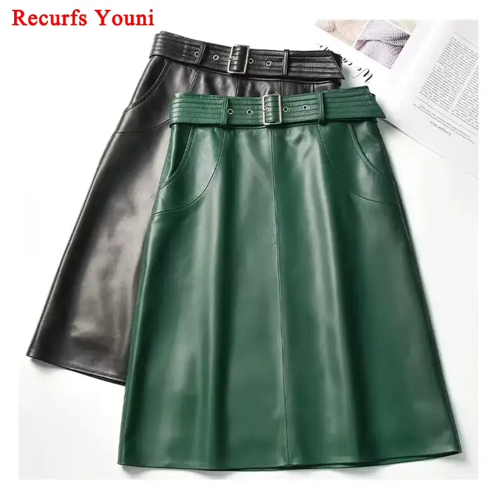Jupe en cuir véritable Recurfs Youni avec poches, coupe une ligne, élégante pour femmes, occassions formelles et quotidiennes