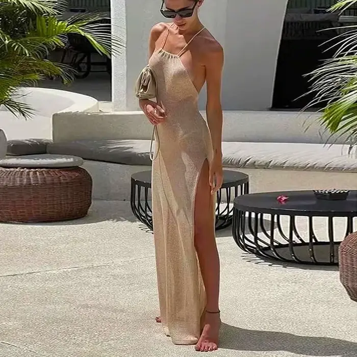 Robe longue fendue sans manches pour femmes, Cover-Up Sexy, ajourée, épissée, fendue, écharpe, dos n