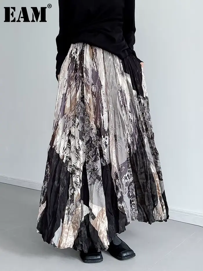 [EAM] taille haute élastique imprimé plissé élégant a-ligne demi-corps jupe femmes mode marée nouveau printemps automne 2026 1DJ5417