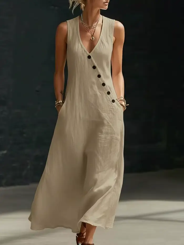 Robe longue en lin sans manches pour femme, col en V profond, boutons asymétriques, coupe ample, ave
