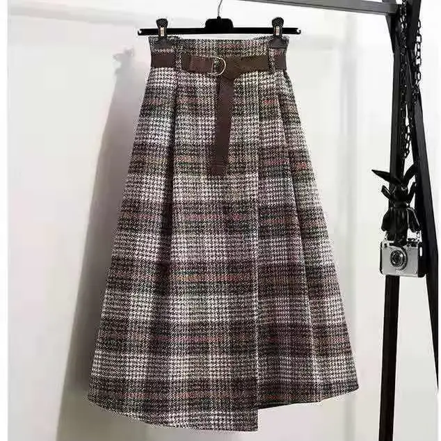 Jupe femme grande taille Tweed Plaid automne hiver a-ligne mi-longue plissée irrégulière Vintage vêt