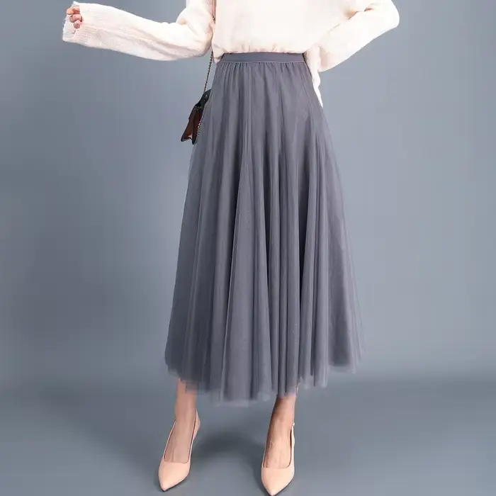 TingYiLi automne jupe en Tulle gris marron Beige rose noir jupes longues femmes élégante jupe Maxi