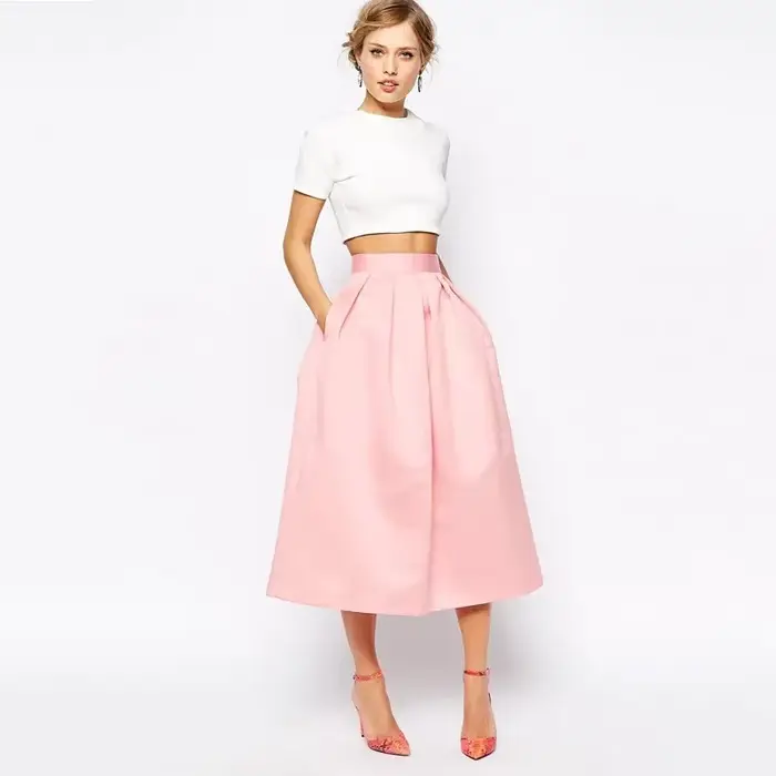 Jupes trapèze plissées en satin rose pour dames