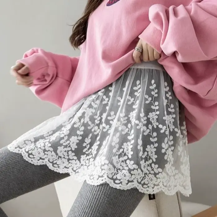 Jupon court taille haute en dentelle transparente brodé de fleurs pour femme