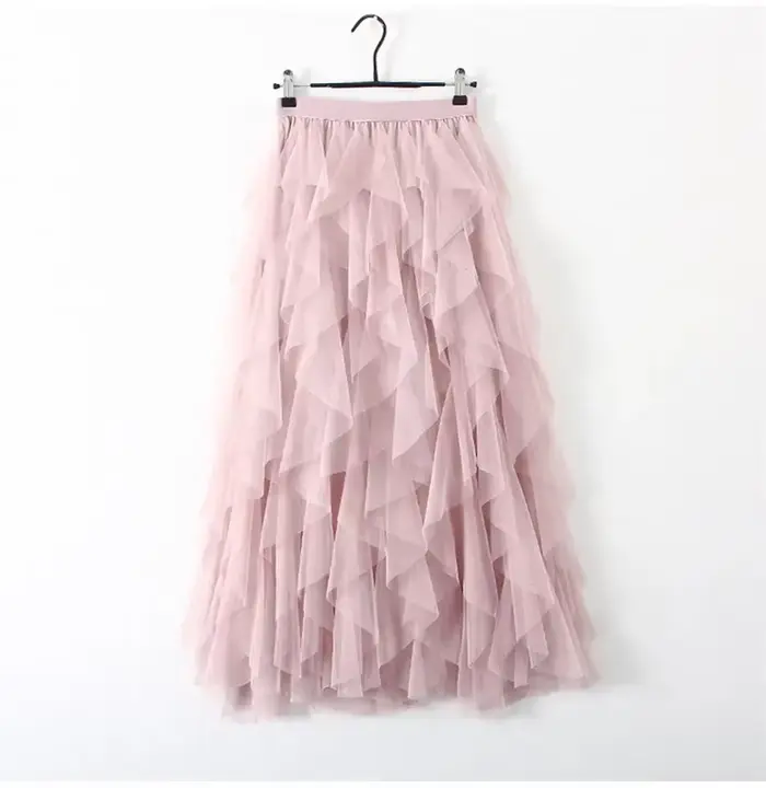 Jupe longue plissée en tulle et gaze à taille haute pour femme