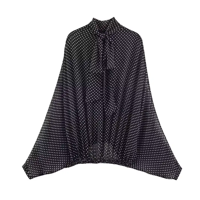 Jupe mi-longue imprimée à pois et chemisier chic avec nœud noué pour femmes, ensemble deux pièces, polyester, printemps été 2025, occasions variées