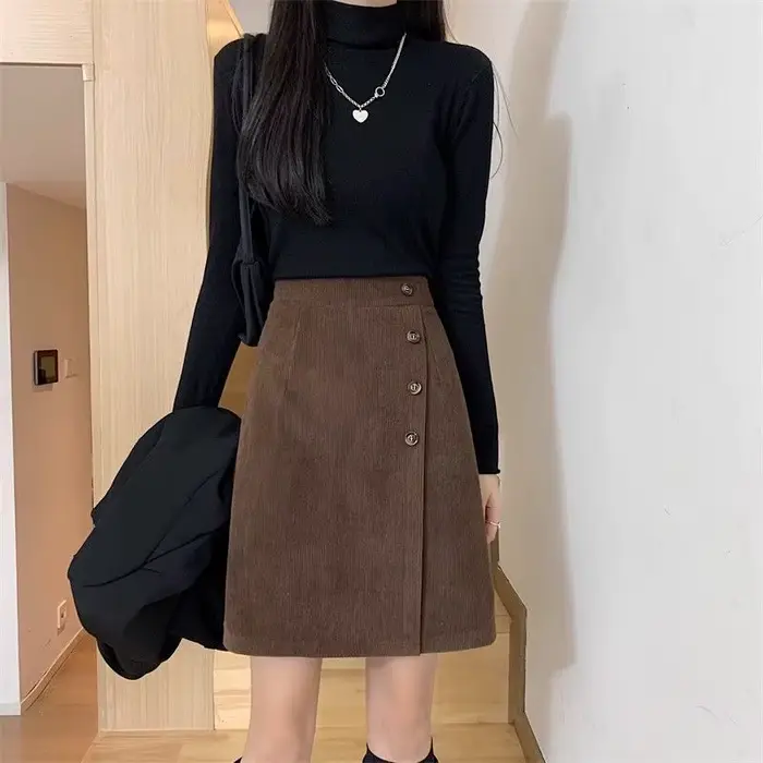 Taille haute fermeture éclair velours côtelé Vintage a-ligne jupe automne hiver mince solide tout-match coréen demi-jupe tendance mode femmes vêtements