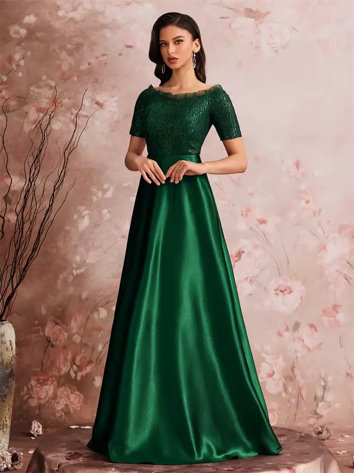 Robe de soirée de luxe en satin vert col en V pour femmes soirées officielles mariages bals cocktail épaules dénudées