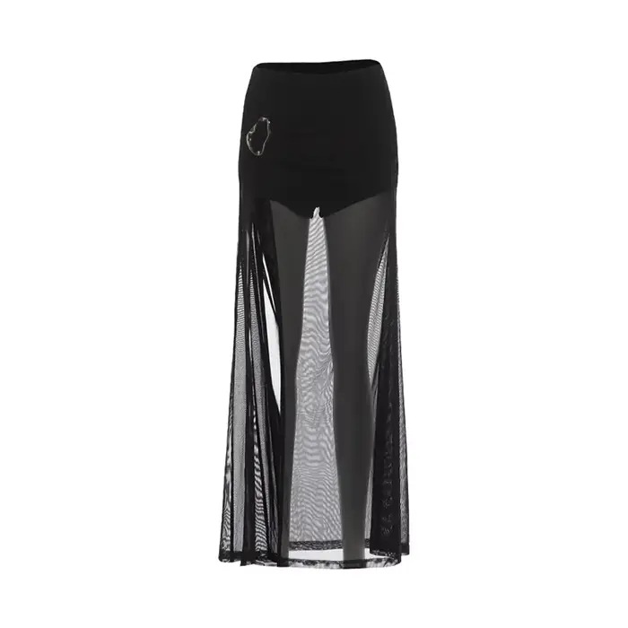 Jupe longue transparente tendance Y2K Grunge, style patchwork en maille, ourlet plissé, fente, moula