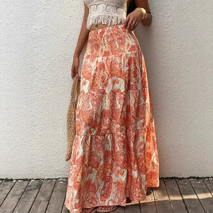 Jupe longue imprimée bohème en polyester et lycra décontractée pour shopping et occasions spéciales