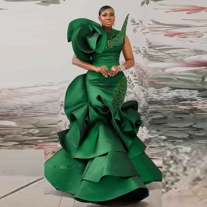 Robe de Soirée en Satin Vert à Volants, Tenue de Bal de Forme Sirène à Paillettes, Longueur au Sol, 