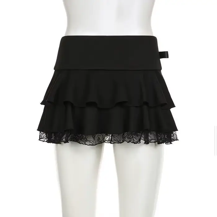 Jupe mini trapèze Y2K noire en dentelle pour femme, avec nœud décoratif, style streetwear, décontrac
