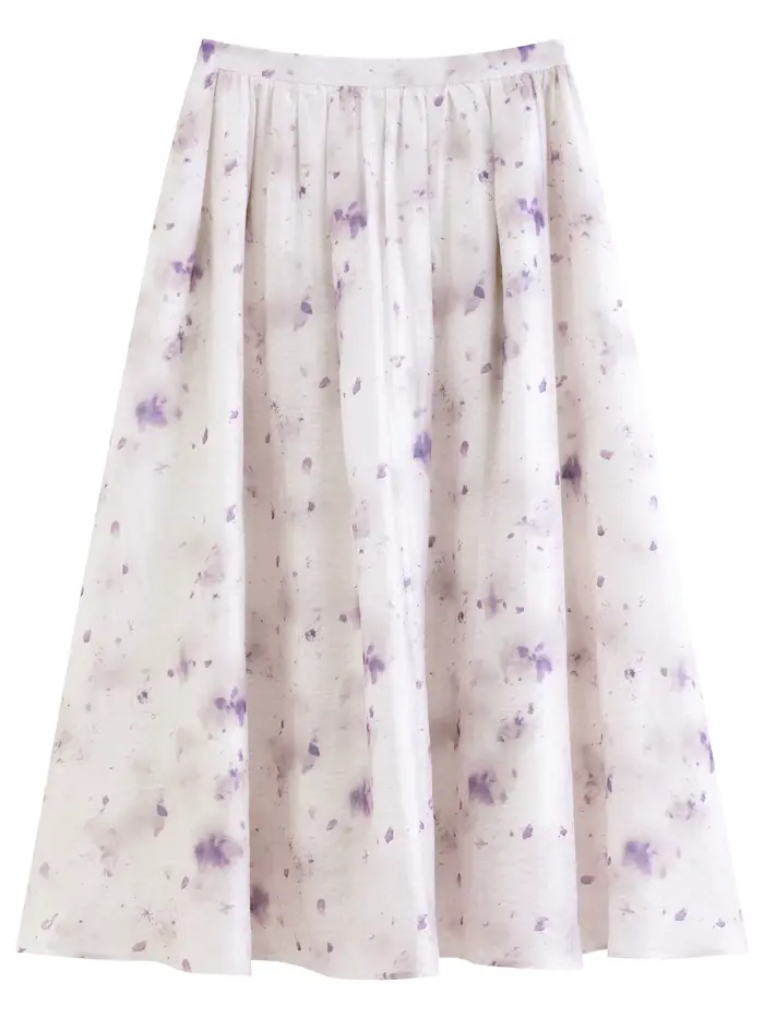 Jupe midi évasée tie-dye lilas FSLE 2026 pour femme, taille haute et tombé fluide, idéale pour les v