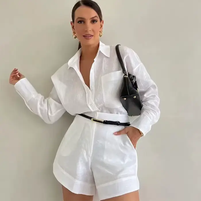 Ensemble 2 pièces à manches longues pour femmes, décontracté, boutons, détail, short, haut, mode d'é