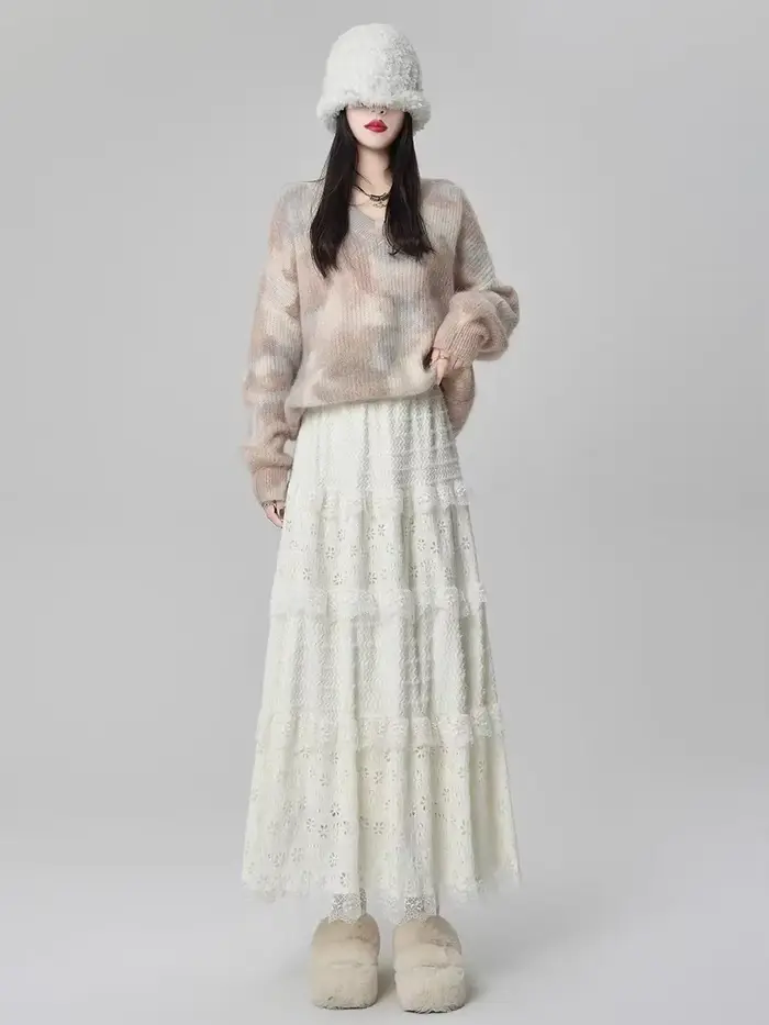 Vent doux taille haute a-ligne dentelle épissage jupe longue femmes conte de fées gâteau