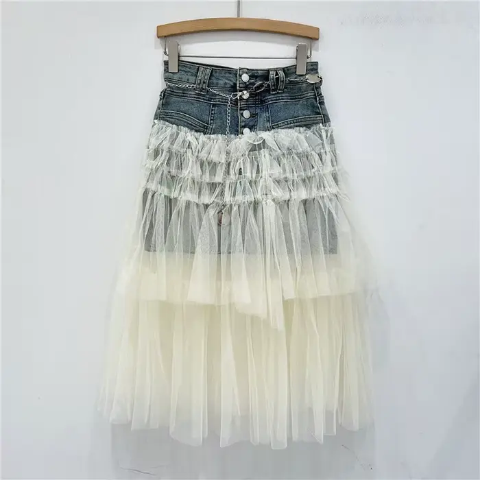 Jupe en jean de styliste pour femmes, jupe longue trapèze taille haute en maille épissée, coupe cint