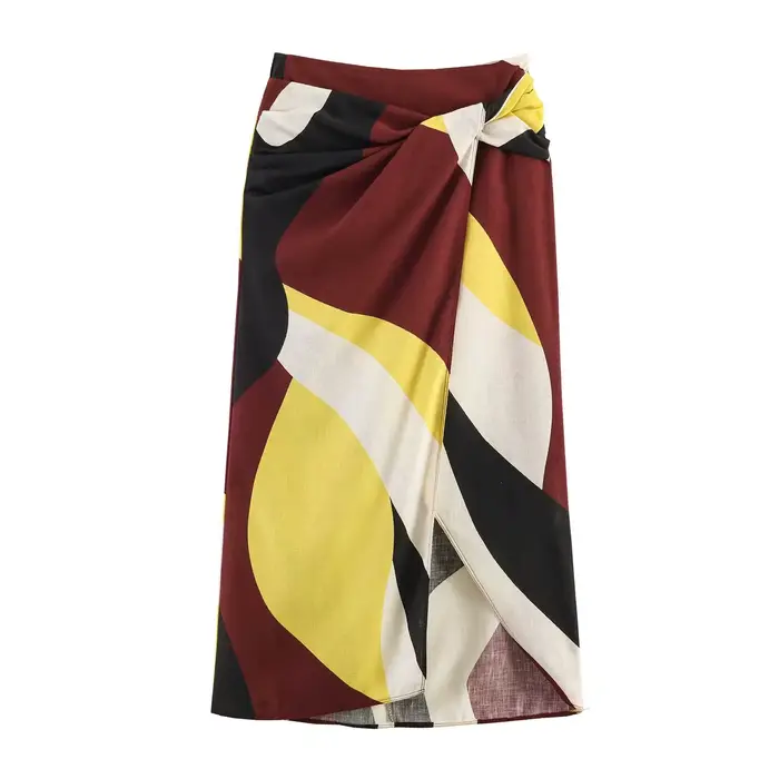 Jupe midi élégante imprimée, nouveau style estival polyvalent, avec décorations en écharpe et nœud,