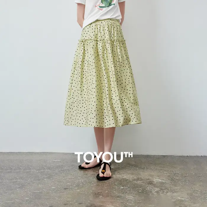 Jupe en Lyocell pour Femme TOYOUTH Été 2026 Vert Clair à Volants Style Rétro Français à Pois Vintage