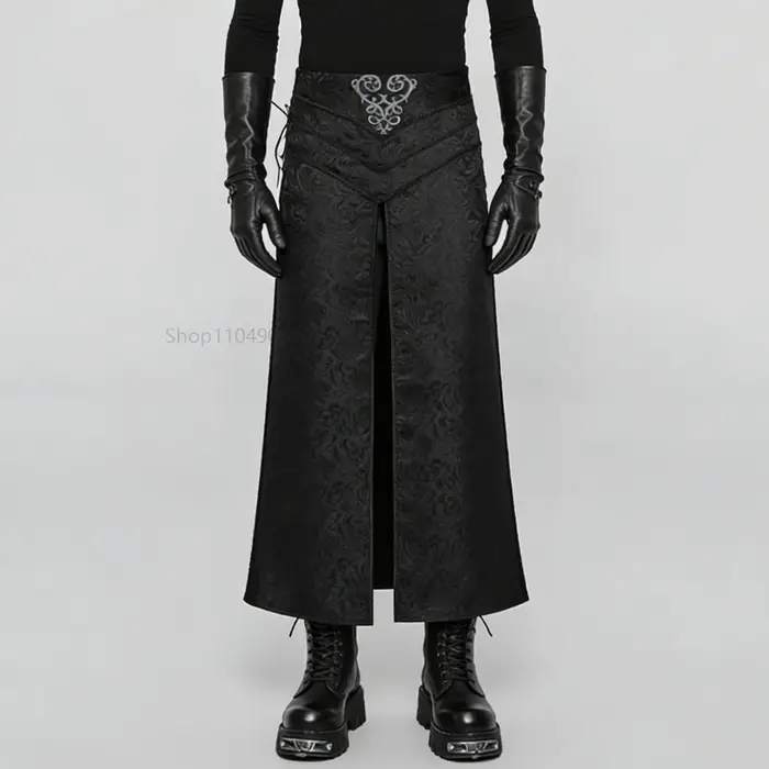 Jupe gothique slim à fente latérale pour hommes, style rock sombre steampunk mage cosplay rétro palais Jacquard polyester rouge