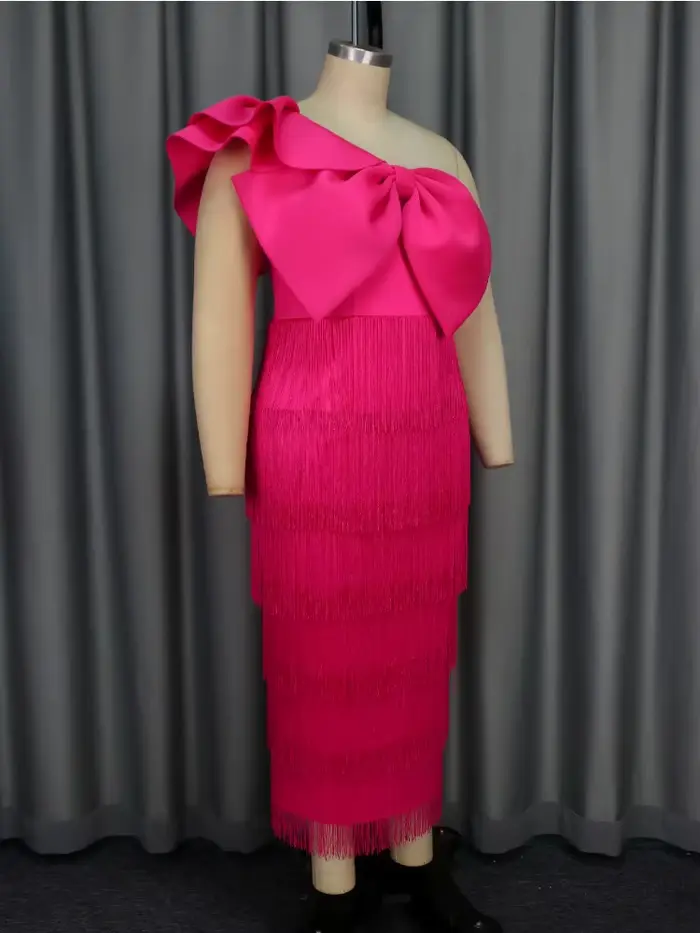 Une épaule frange longues robes pour femmes jaune arc volants manches Empire couches gland soirée anniversaire Cocktail