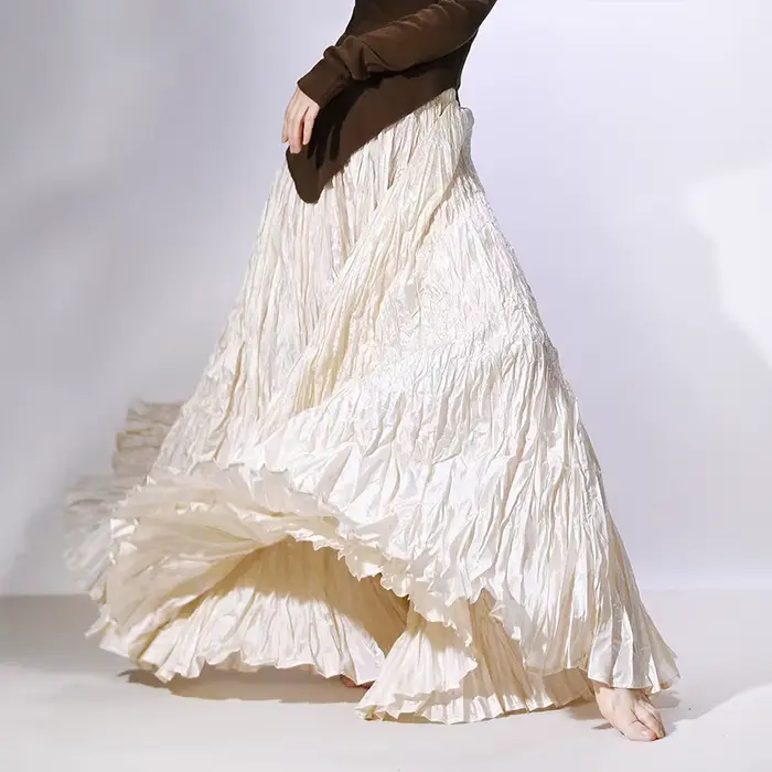 Jupe longue plissée fluide taille haute style flamant rose pour femme 2026, texture froissée, sans p