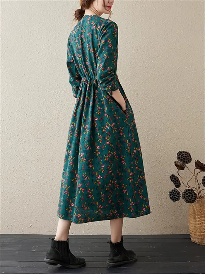 Robes à manches longues en coton et lin à imprimé floral vintage pour femmes