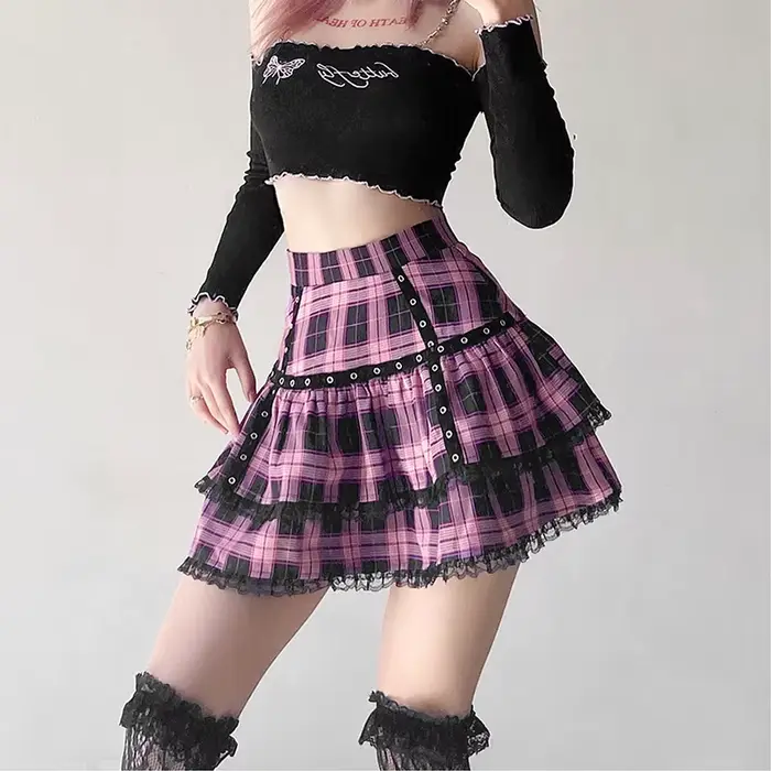 Lolita gâteau Mini jupes gothique japonais Harajuku filles violet rose Plaid jupe plissée Punk doux dentelle Kawaii Cosplay Costume